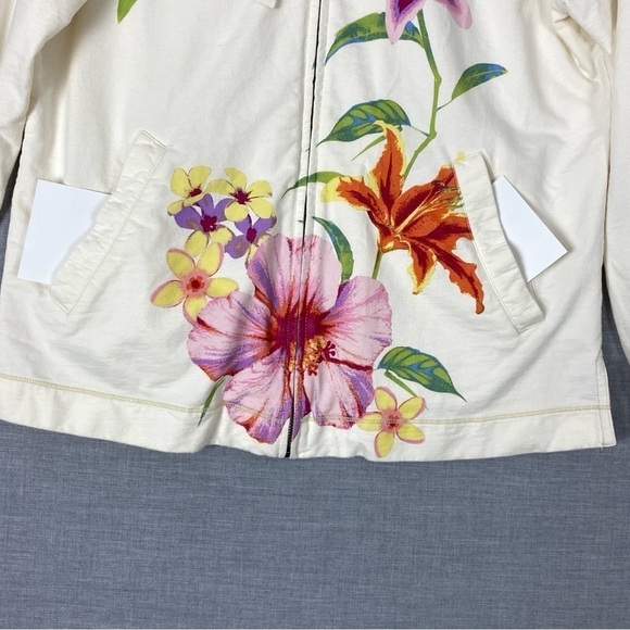 Paradise Shores Hooded Jacket Womens Large Cotton Cream Flowers Pockets Zippered - Picture 5 of 12
